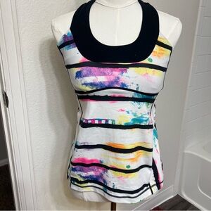 Lululemon tank top white black colorful tie dye stripes halter active athletic